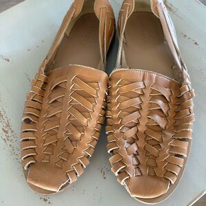 Nisolo Tan Leather Flats with Woven Design
